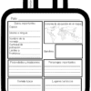 Ficha en blanco y negro con forma de maleta para que los alumnos completen la información sobre un país. Las secciones incluyen datos importantes, ubicación en el mapa, bandera, tradiciones, personajes importantes, comida típica y lugares turísticos.